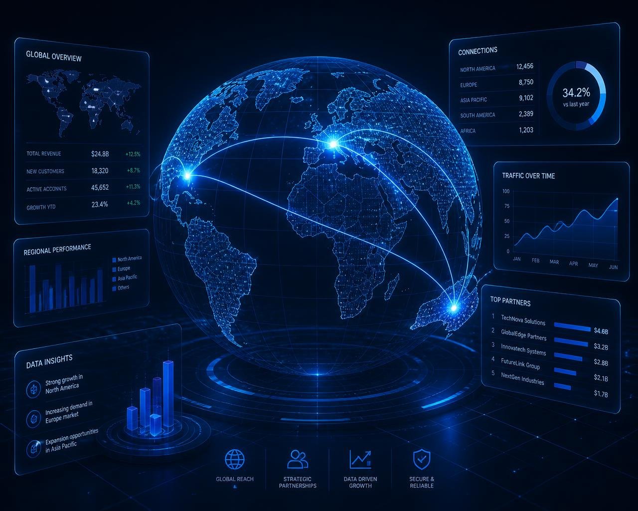 Isometric global operations dashboard showing connected delivery centers across the USA, UK and Australia